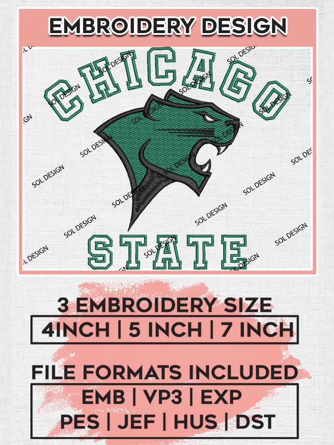 Chicago State Logo Embroidery Designs, Football Logo Embroidery files, Sport Machine embroidery designs, Instant Download