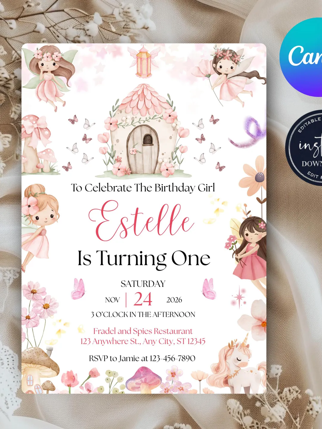 Editable fairy first birthday invitation enchanted garden party invite garden fairy whimsical 1st birthday girl animated fairy evite