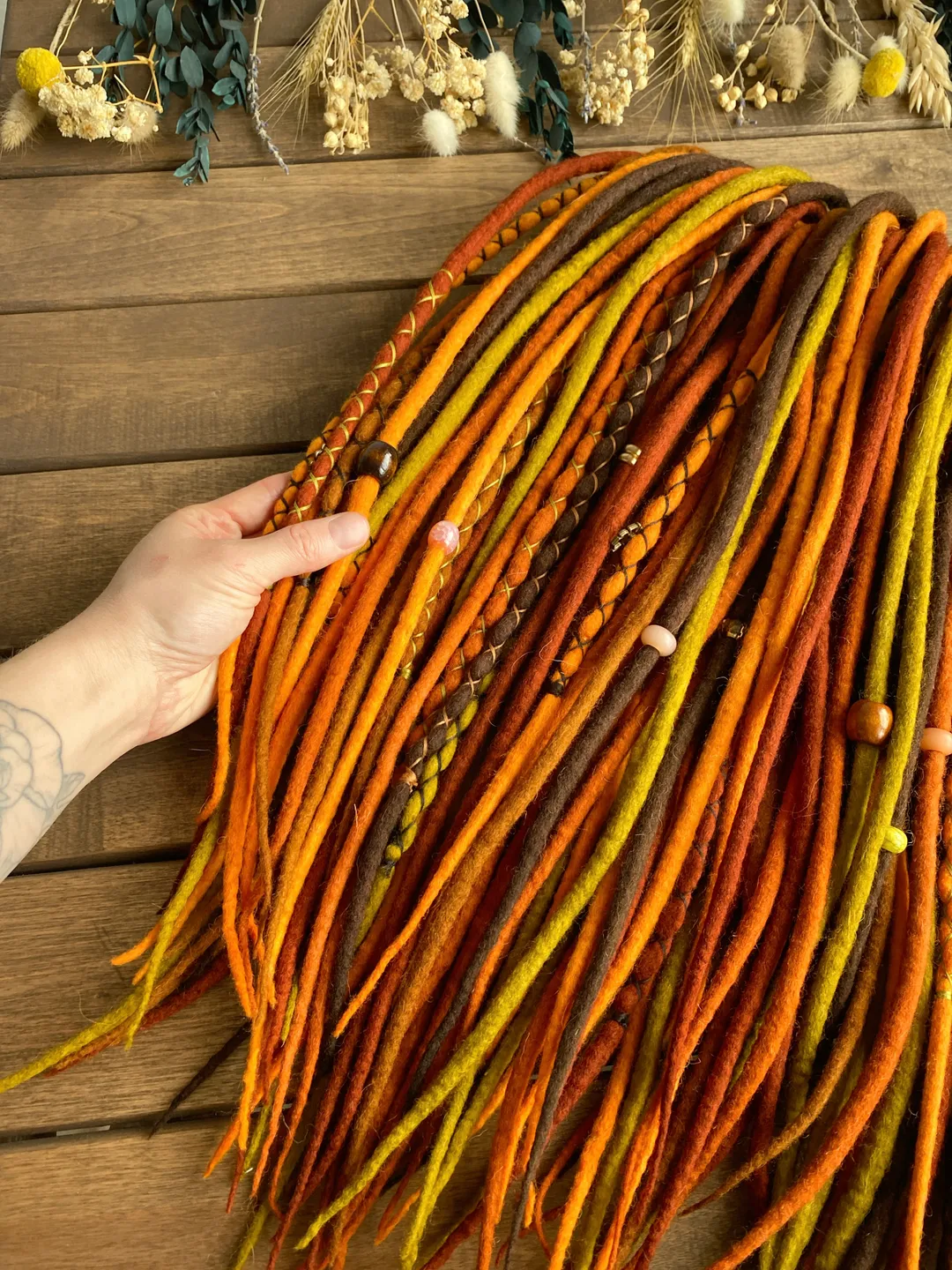 Wool Brown orange mustard green pumpkin, rust red copper Double Ended dreadlocks, Ready to ship
