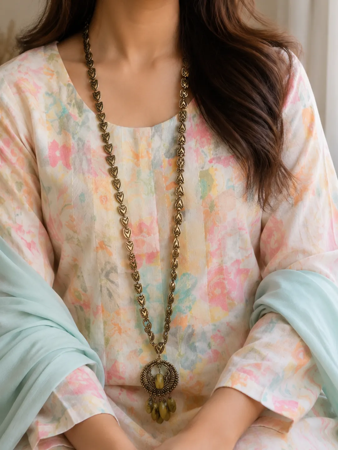 Antique Gold Heart Link Necklace | Vintage Boho Filigree Pendant, Acrylic Beads