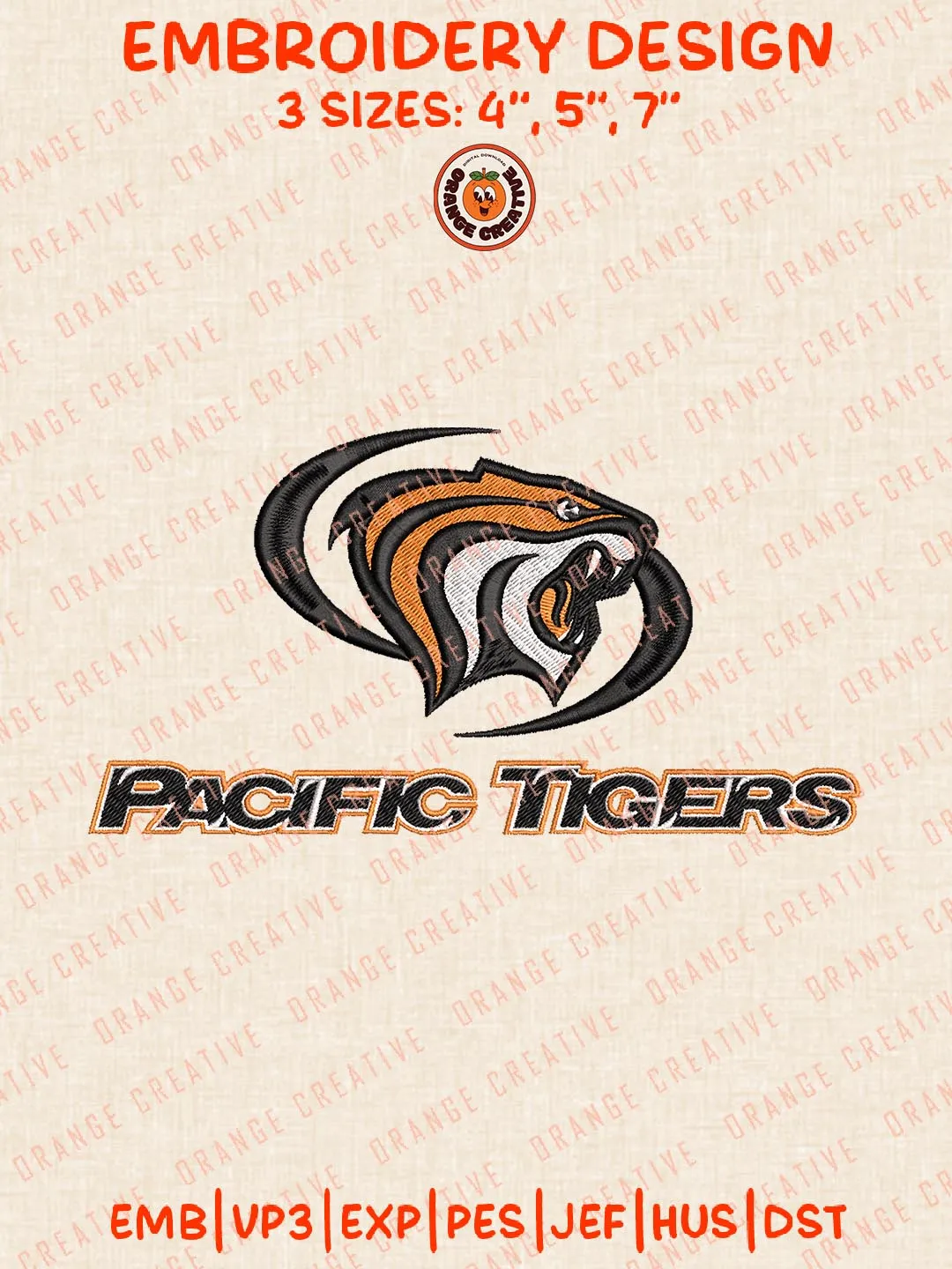 Pacific Tigers Logos Embroidery Design Files, NCAA Logos Embroidery Designs, Machine Embroidery Files, 4 Sizes, Custom Sizes, Instant Download