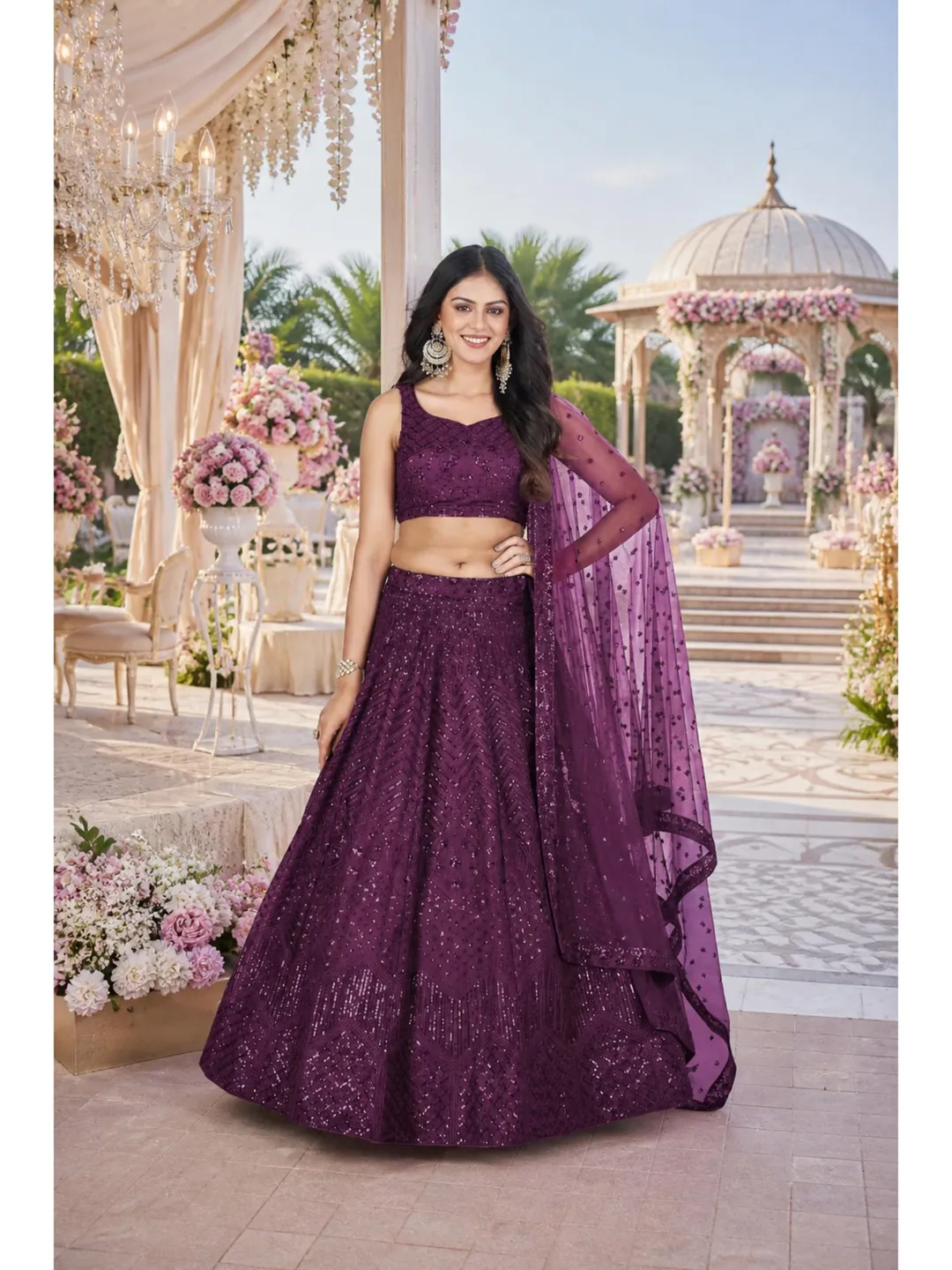 Purple Sequin Ready To Wear Lehenga Choli: Indian Wedding Wear, Embroidery Lengha