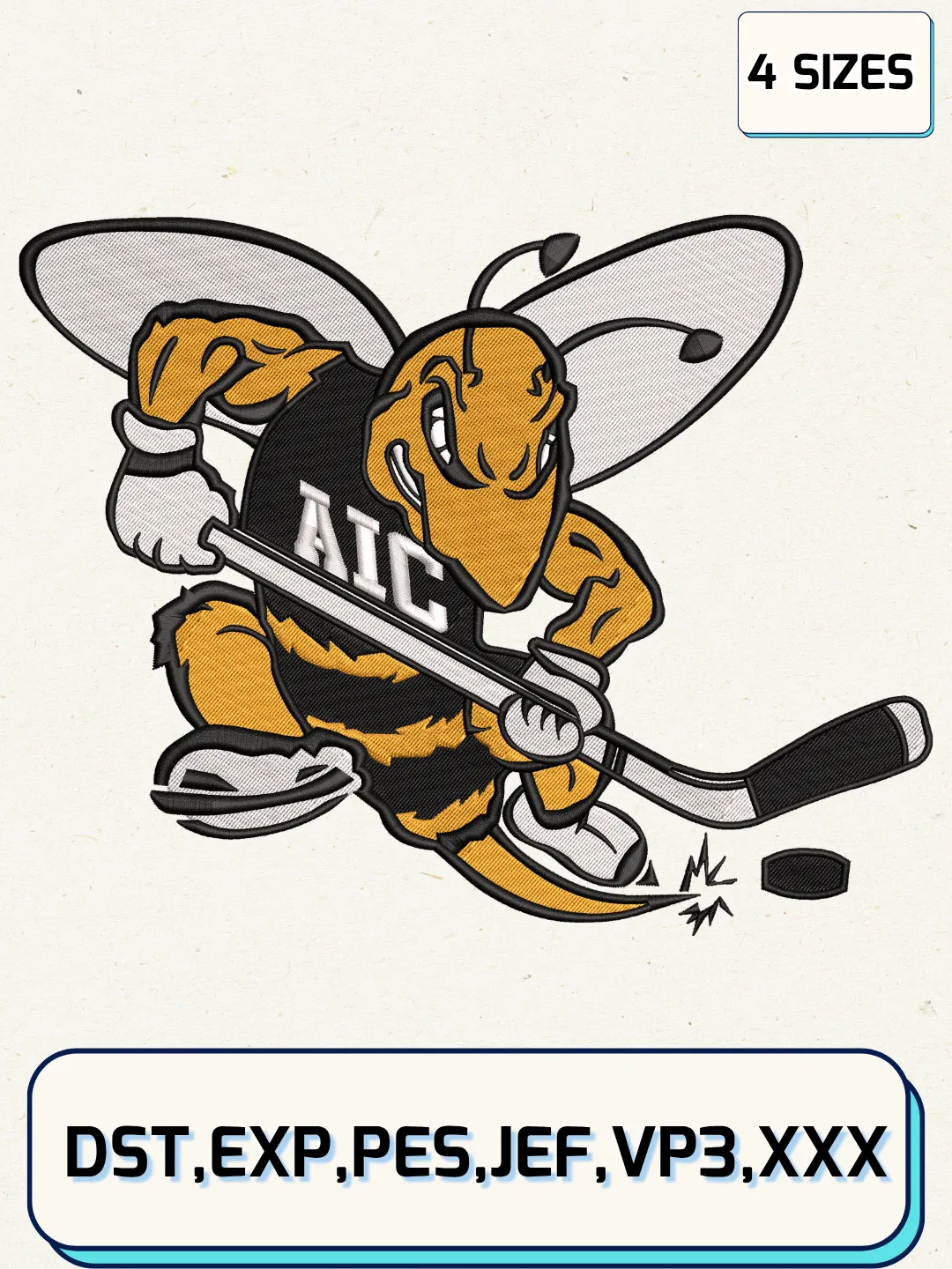 AIC Yellow Jackets Alternate Logo Embroidery Design Files, NCAA Logos Embroidery Designs, Machine Embroidery Files, 4 Sizes