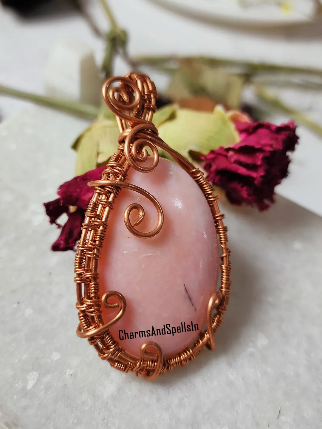 Boho Pink Opal Pendant, Copper Wire Wrapped Gemstone Necklace, Healing Crystal, Gift for Her
