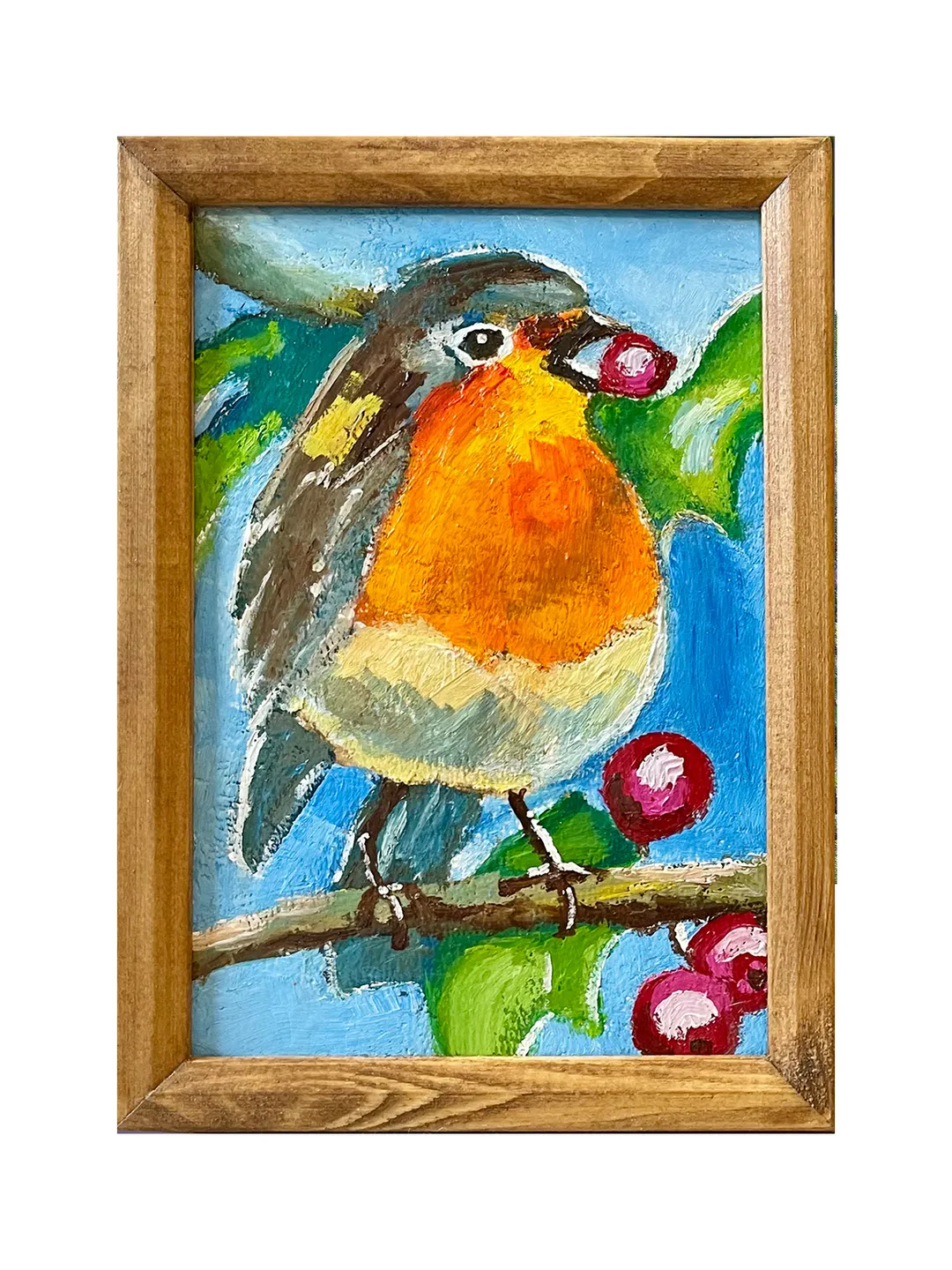Robin bird painting, original oil painting, Framed animal art