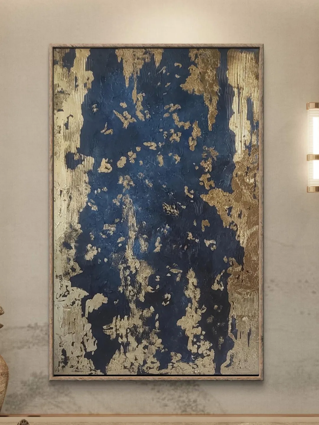 Handmade Abstract Gold Leaf Painting: Textured Blue Canvas Art