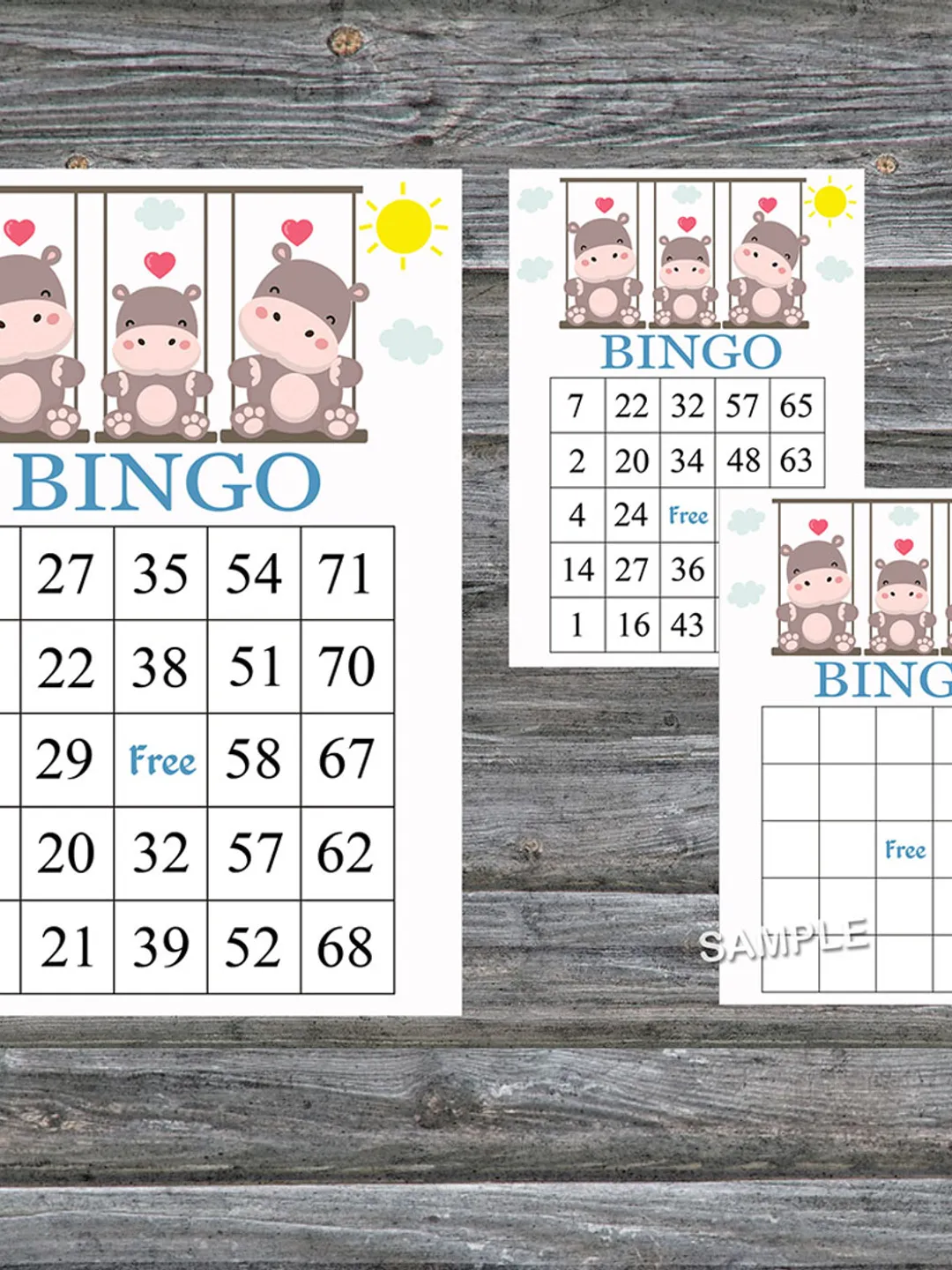 Hippo bingo cards,Hippo bingo game,Safari animals printable bingo cards,60 Bingo Cards,INSTANT DOWNLOAD--291