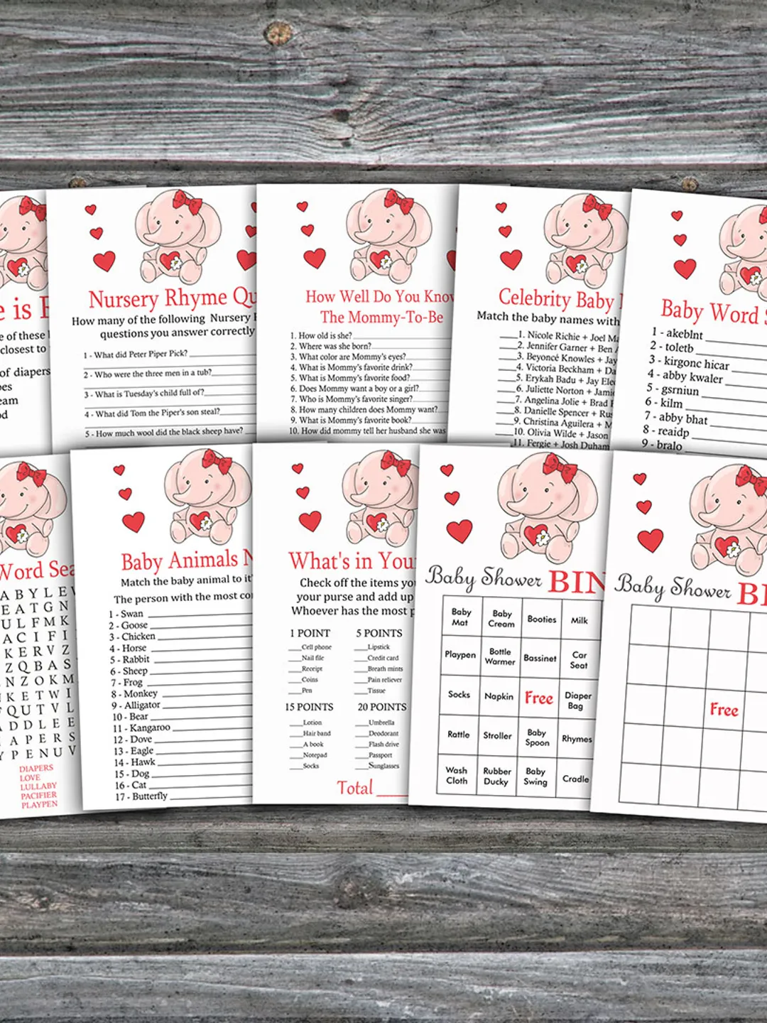 Pink Elephant baby shower games bundle,Elephant theme Baby Shower games package,Fun Baby Shower Games,9 Printable Games