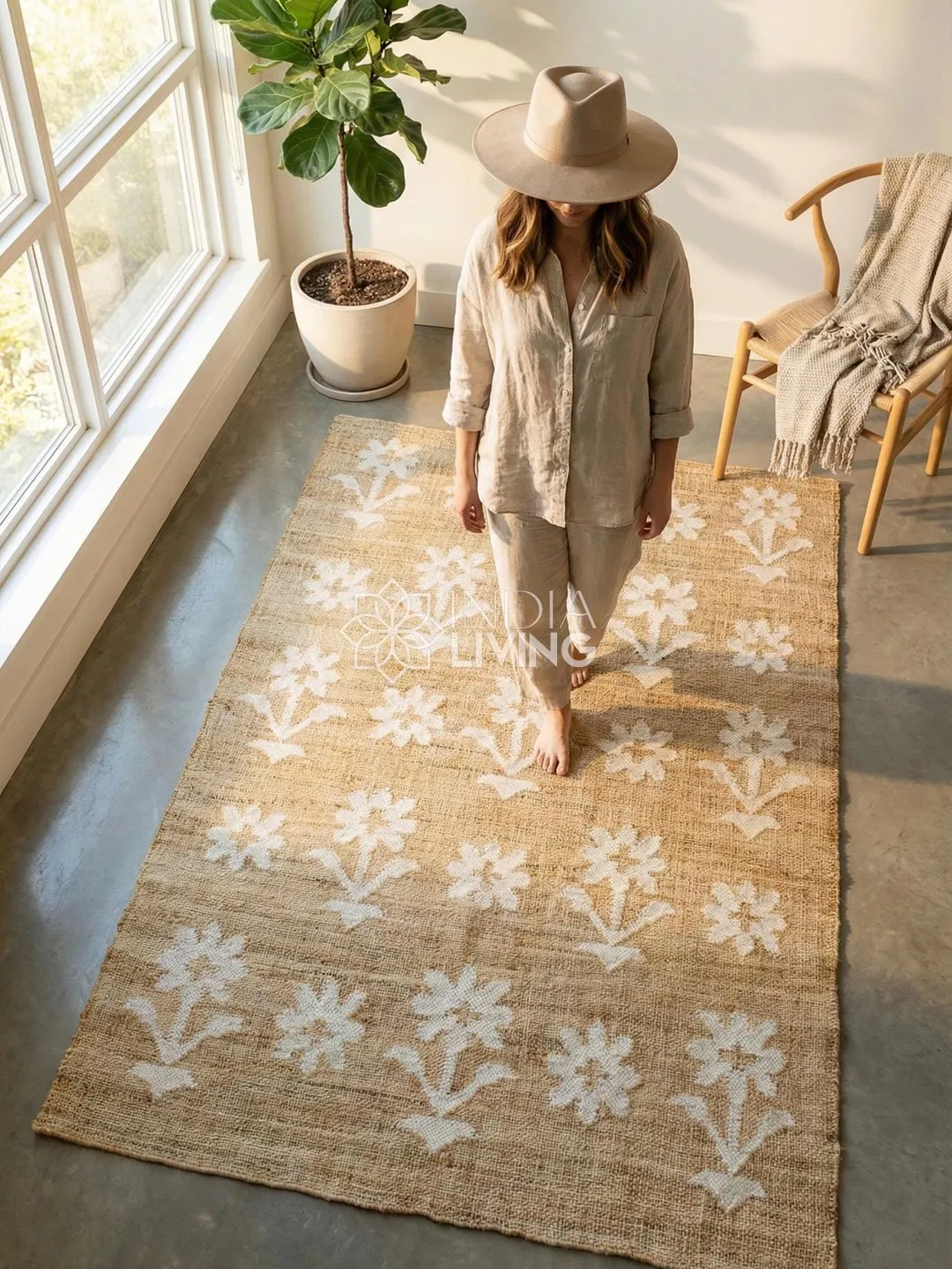 Simple Flower Pattern Rugs Natural Jute Flat weave Sustainable eco friendly contemporary bohemian ...