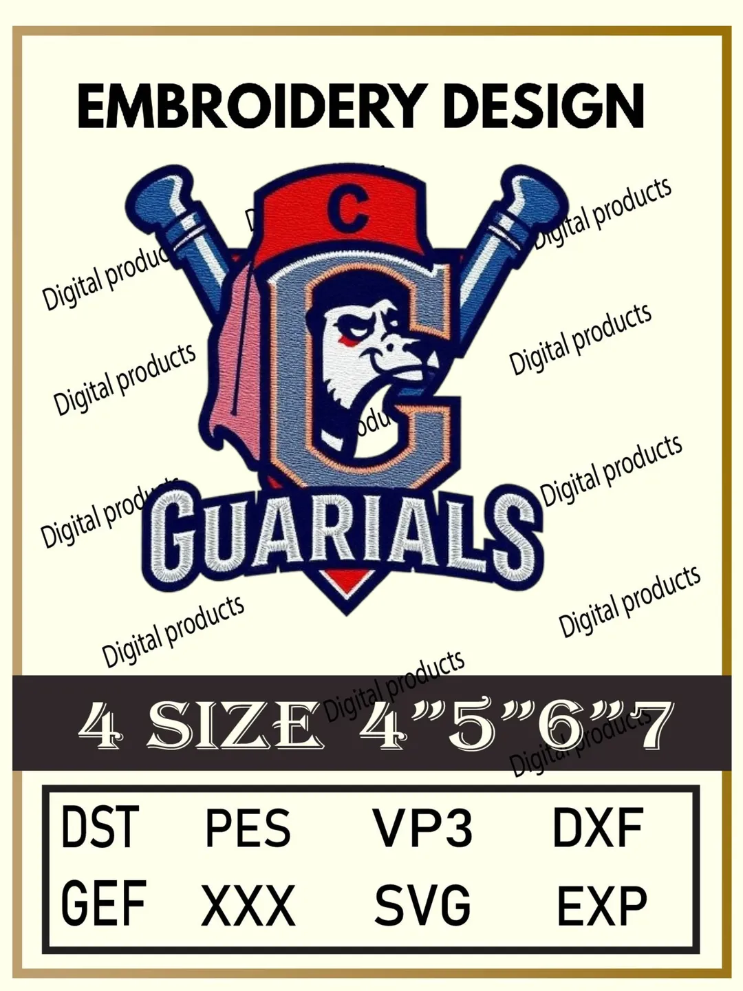 Guarials Embroidery Design Digital Logo Pattern with Stylized C, Bird Head, and Crossed Baseball Bats for Machine Embroidery Projects in Four Sizes with Multiple Compatible Formats Including DST, PES, VP3, DXF, GEF, XXX, SVG, EXP Download