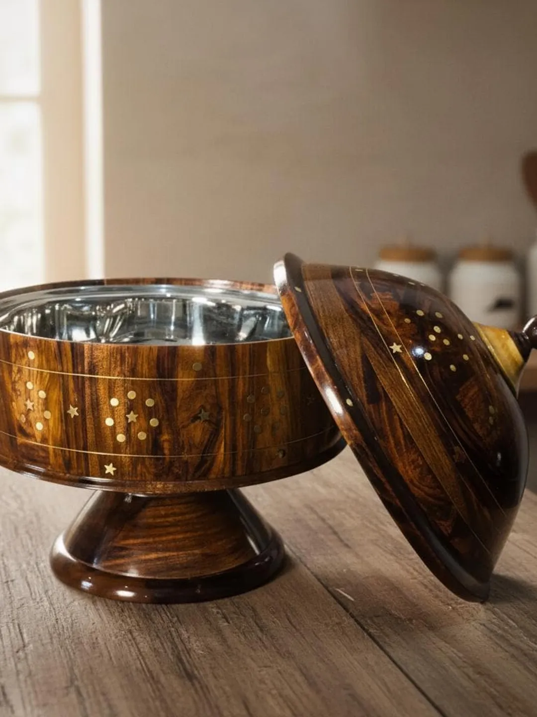 Steel Roti Keeper Handmade Sheesham Wood Hotpot, Brass Inlay Dome, Stainless Steel Bowl ...