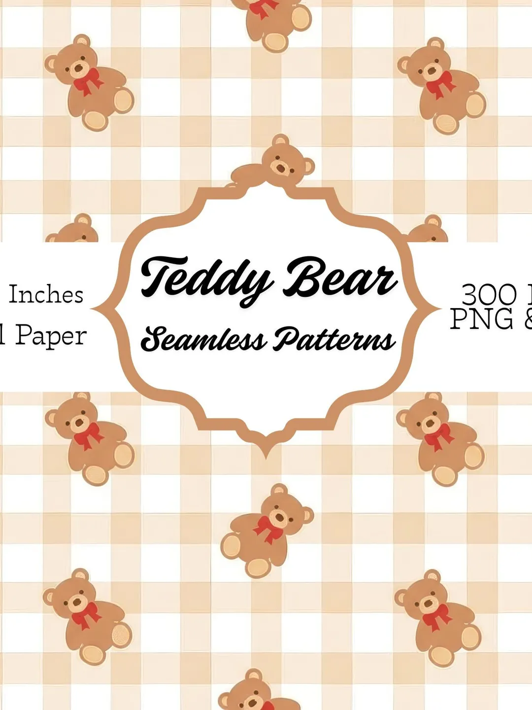 Teddy Bear Gingham Digital Paper | Seamless Nursery Pattern (12x12 PNG JPG)