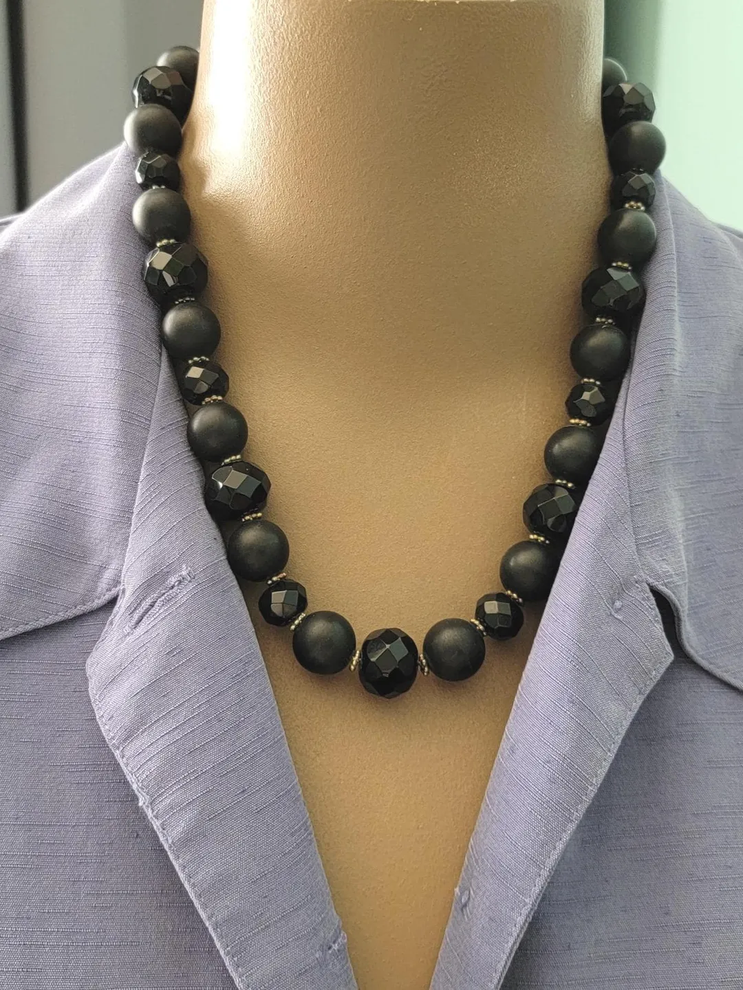 Black Onyx Bead Necklace, Faceted Matte Finish Large Round Beaded Designer Handmade Statement