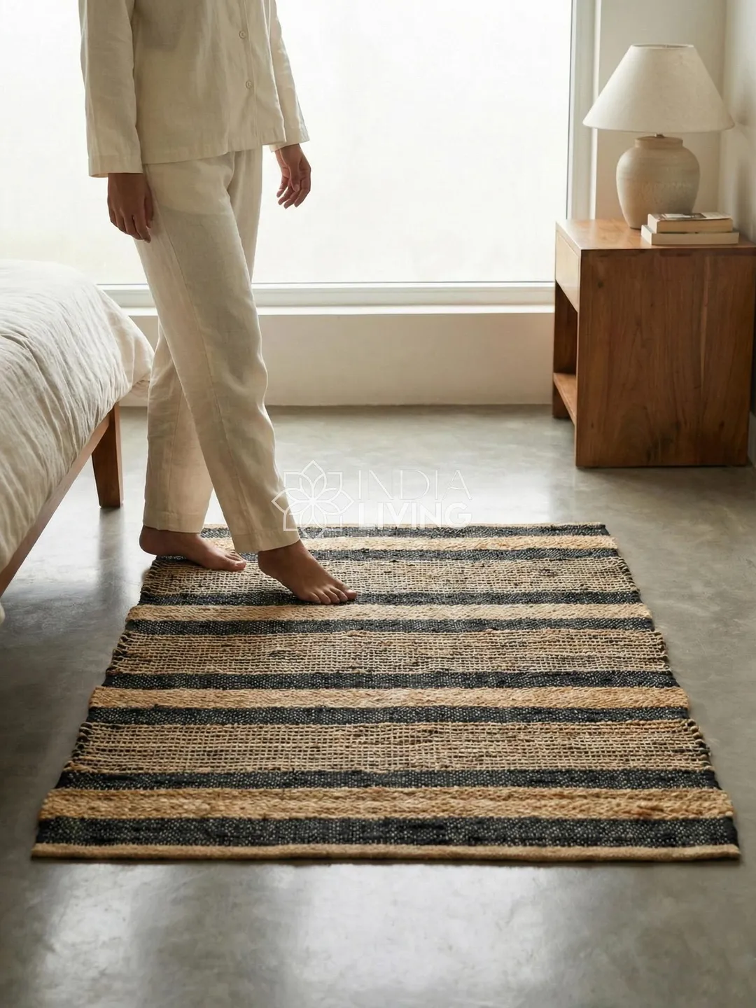 Natural Black Jute Striped Rag Rug : Handwoven Recycled Flat weave ...