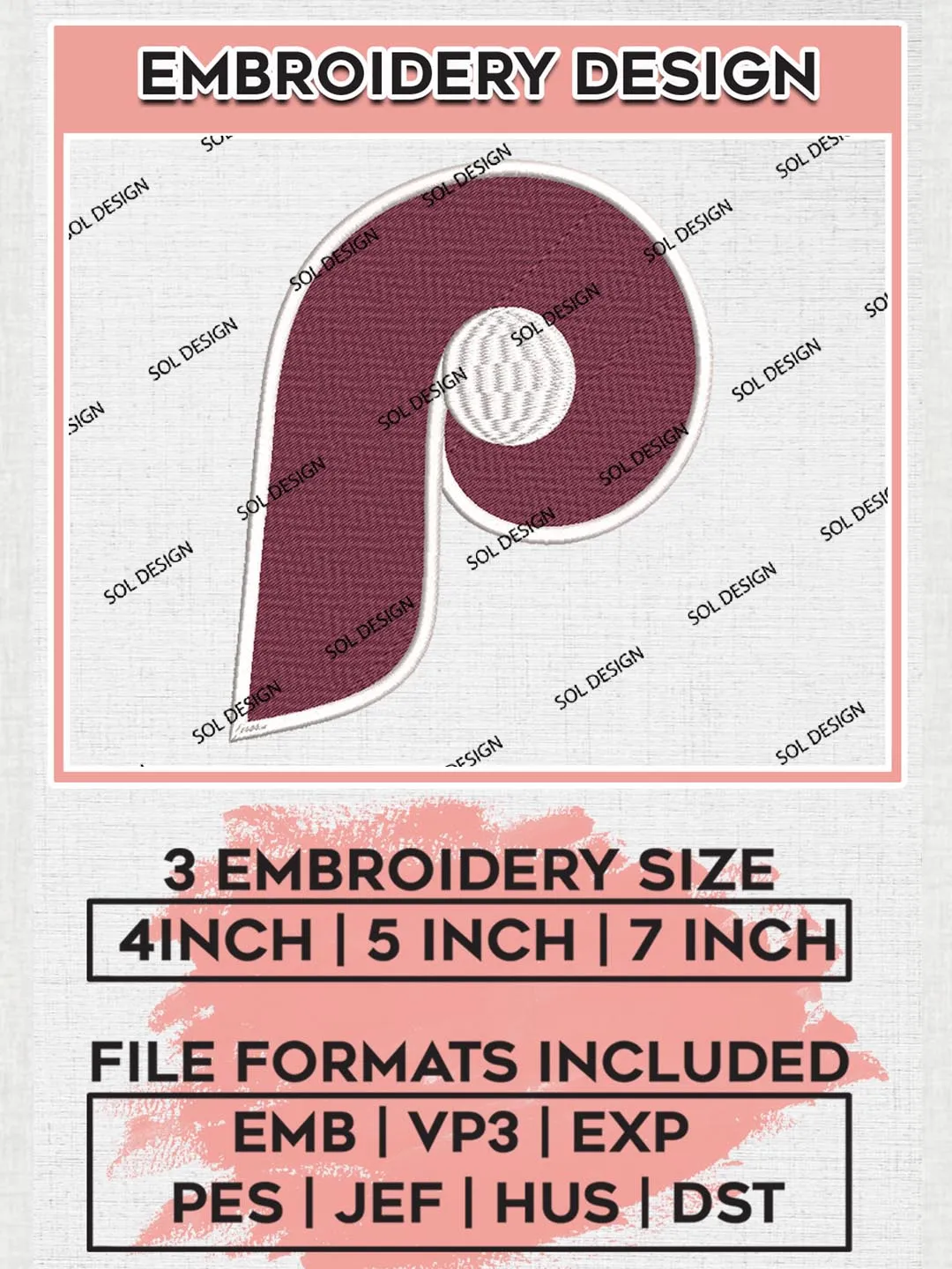 Philadelphia Phillies MLB Team Logo Embroidery Files, MLB Philadelphia Phillies Team Embroidery, MLB Teams, 3 sizes, MLB Machine embroidery designs, Digital Download