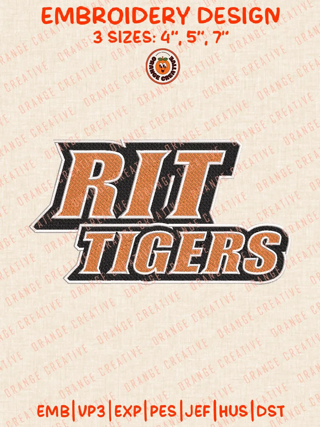RIT Tigers Text Embroidery Design, NCAA Team Logo Embroidery Design, Machine Embroidery Design File, 4 Sizes, Custom Size, Digital Download