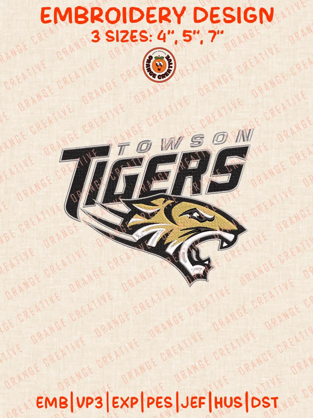 NCAA Towson Tigers Logos Embroidery Design Files, NCAA Logos Embroidery Designs, Machine Embroidery Files, 4 Sizes, Custom Sizes, Instant Download
