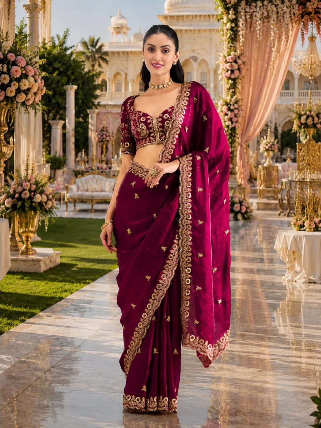 Maroon Sequin Ready To Wear Saree For Women: Tissue Embroidery, Indian Wedding Wear