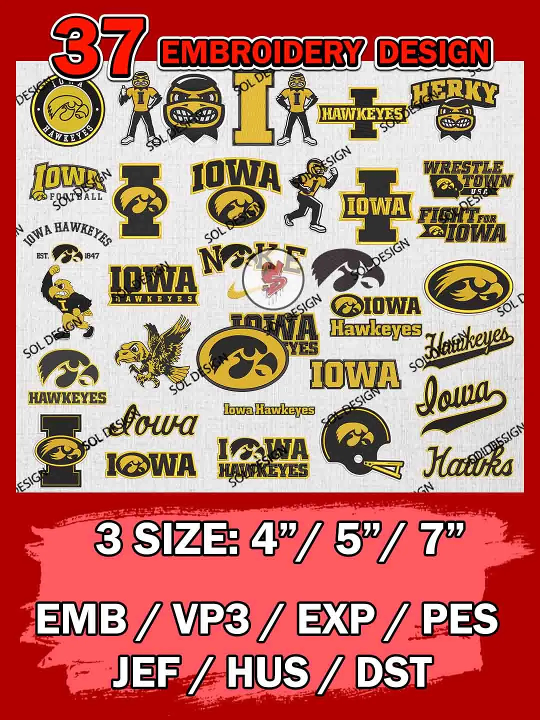 37 NCAA Iowa Hawkeyes Bundle Embroidery Files, NCAA Iowa Hawkeyes Team Bundle Embroidery Designs, NCAA Teams, National College Football Team 3 sizes, NCAA Iowa Hawkeyes Machine Embroidery, Digital Download