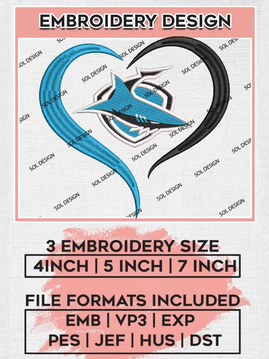 NRL Cronulla Sharks Heart Embroidery Design, National Rugby League Logo, Cronulla Sharks Logos Embroidery Design,NRL Machine Embroidery Digitized Pes File,3 Sizes, Instant Download