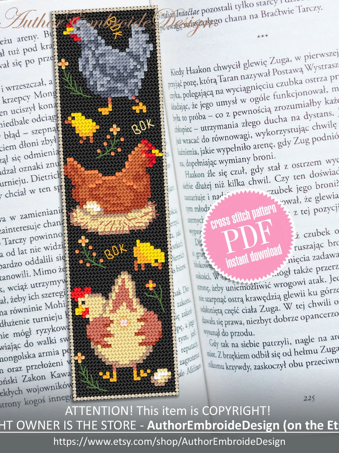 Chicken bookmark cross stitch pattern download PDF Chicken sampler cross stitch chart, Bookmark pattern digital PDF, Hen, Farm animals #B262