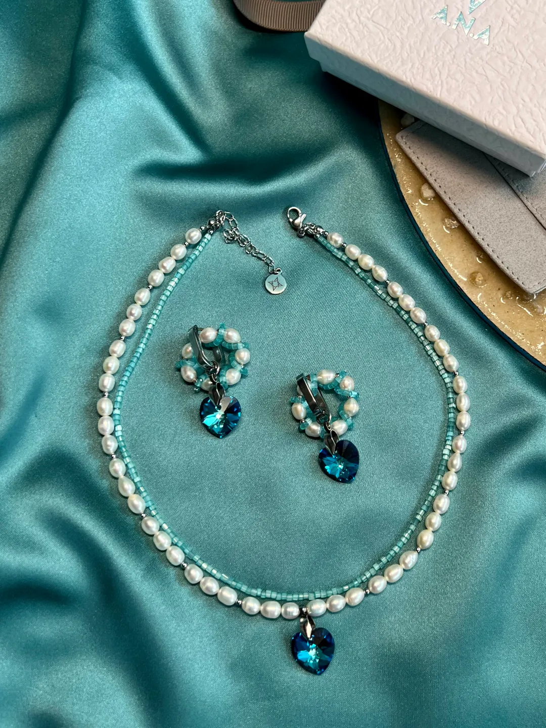 Natural Pearl Jewelry Set Necklace Earrings OCEAN HEART