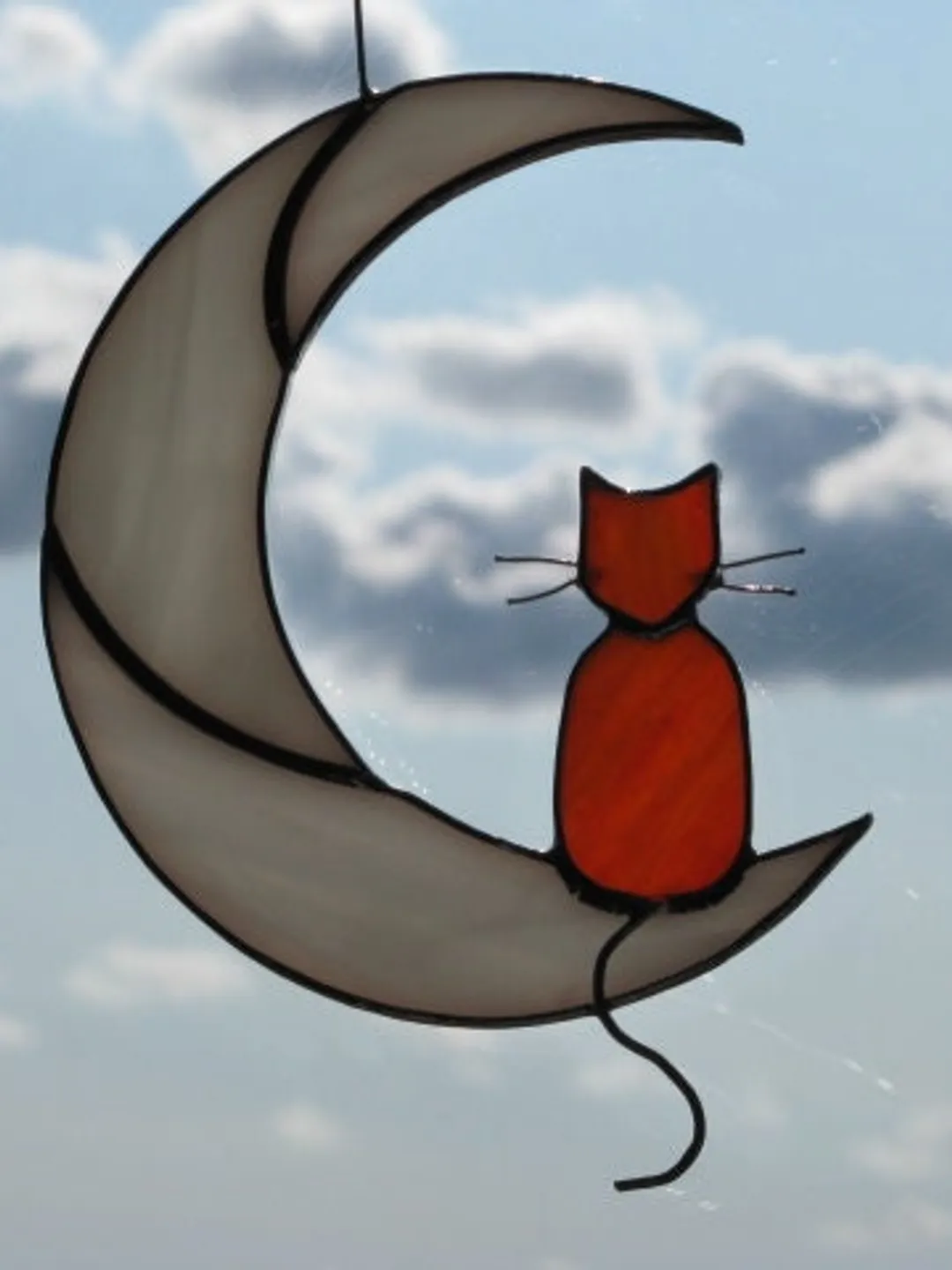 Ginger Cat On The Moon stained glass window hanging Suncatcher . Gift for animal lover , pet loss memorial , orange