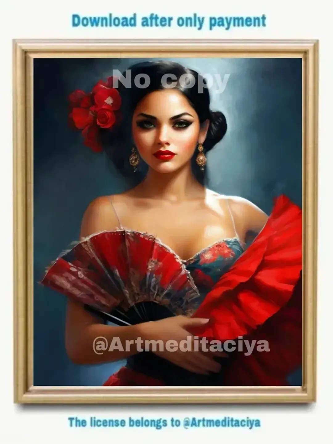 Digital abstract painting "Mysterious Carmen" on a gray-blue background. This is a vivid image of a charismatic Spanish brunette with roses in her hair, in a gray-red neckline with a gray-red fan