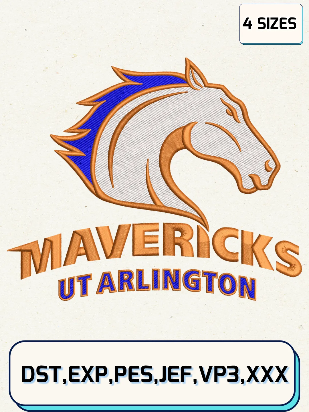 Texas-Arlington Mavericks Logo Embroidery Design File,NCAA Logo Embroidery Design, Machine Embroidery Files, 4 Sizes