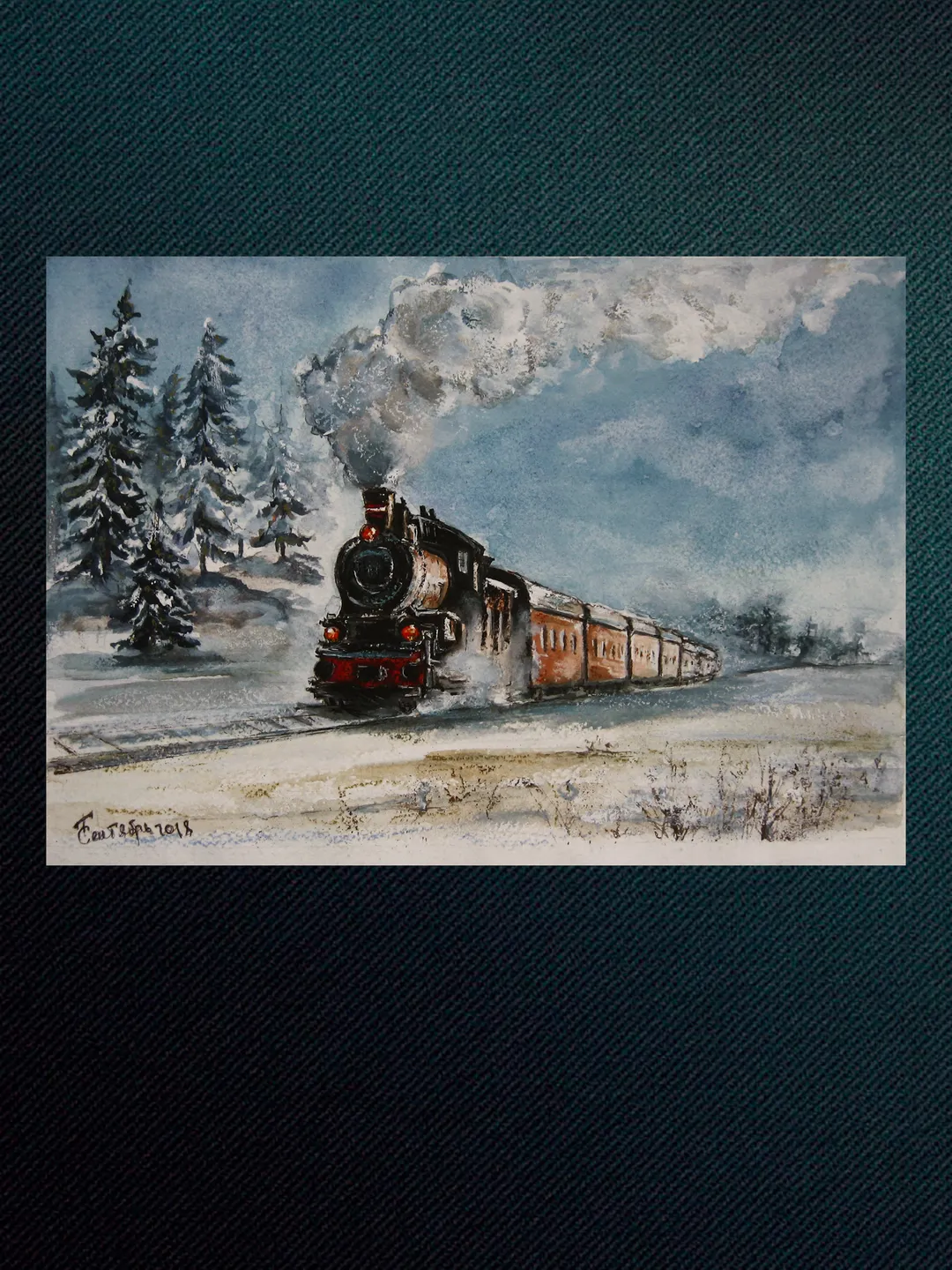 Among the snow. Original watecolor painting winter landscape with a steam locomotive 24x35 cm (9,5 х 13,8 inches)