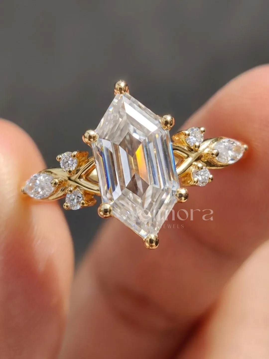Elongated Hexagon Cut Engagement Ring in Solid Gold, Vintage Leaf Bridal Ring