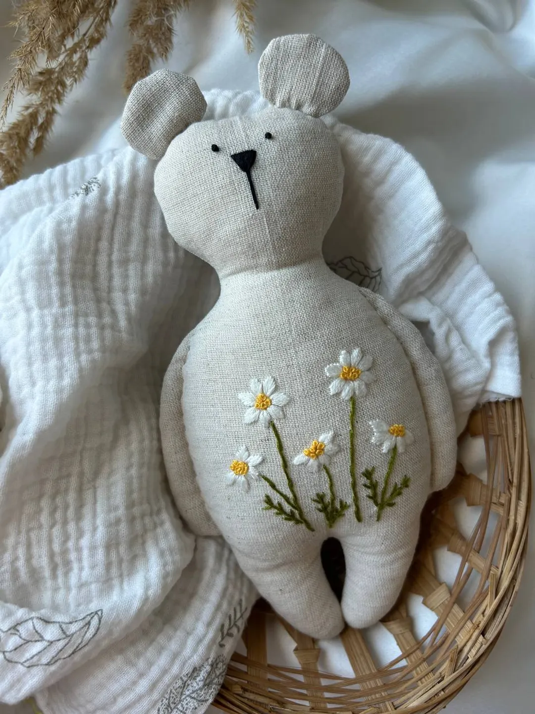Linen toy, embroidered toy, bear toy