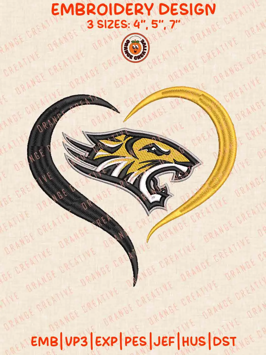 Towson Tiger Heart Embroidery Design Files, Football Embroidery Designs, Sport Machine Embroidery Files, 3 Sizes, Custom Sizes, Instant Download
