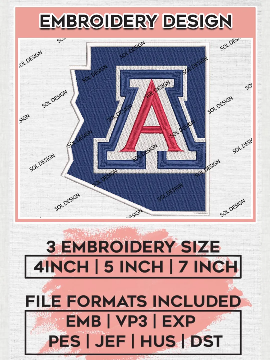NCAA Arizona Wildcats Team Map Logo Embroidery Design Files, NCAA Arizona Wildcats Machine Embroidery, NCAA Teams, 3 sizes, NCAA Machine embroidery designs, Digital Download
