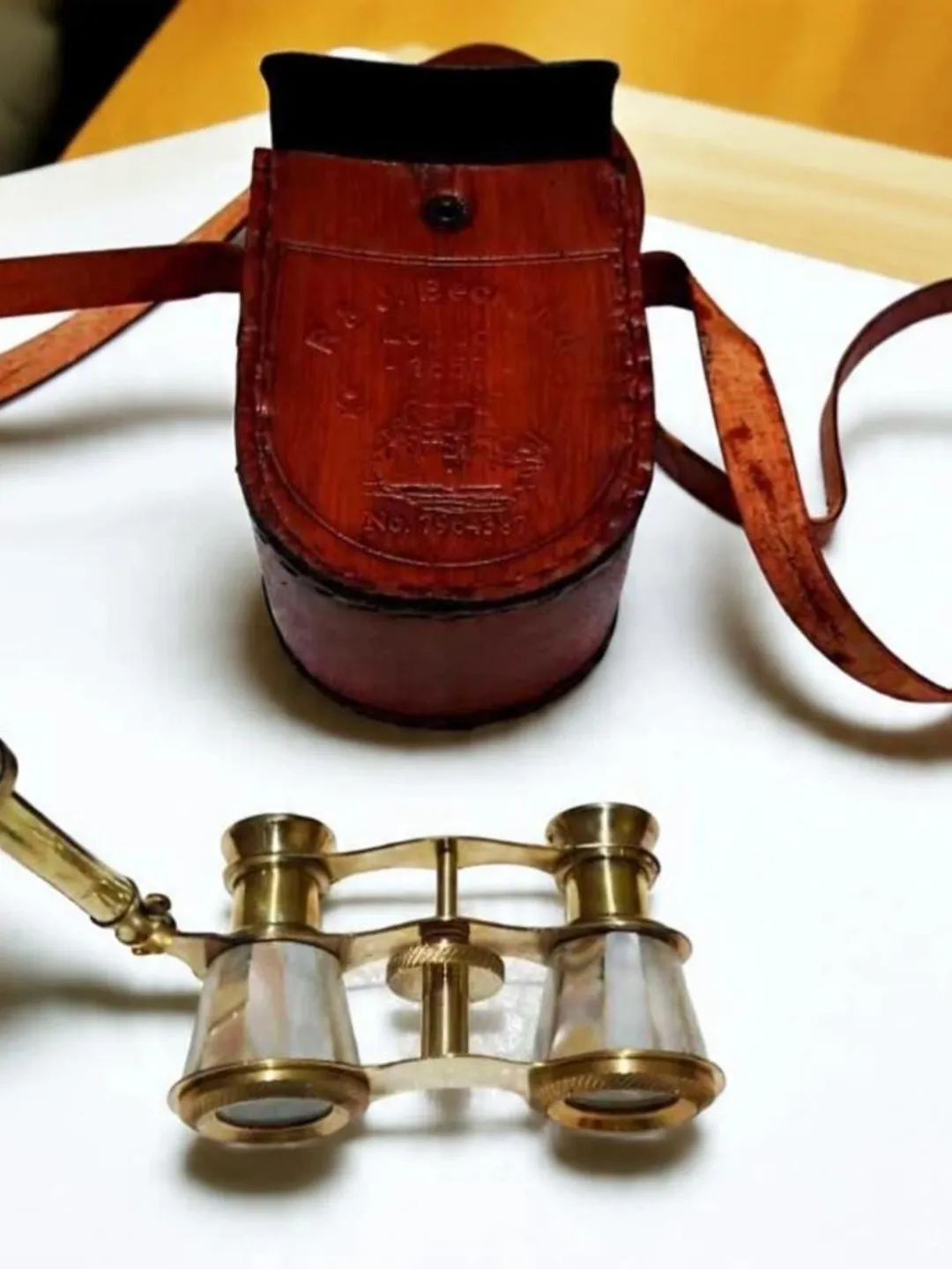 thumbnail image 2 of R & J Beck Nautical Brass Binocular Folding Monocular Telescope With Leather Case 2 of 6