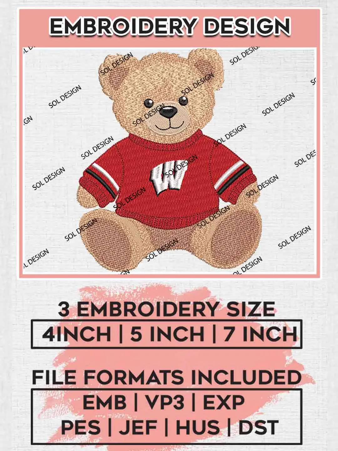 Wisconsin Badger Teddy Bear Embroidery Design, Football Embroidery files, Sport Machine embroidery files, 3 sizes, Instant Download