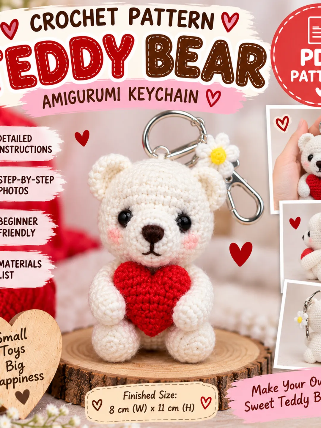 Sweetheart Teddy Bear Crochet Keychain Pattern PDF | Amigurumi Bear with Heart | DIY Crochet Pattern