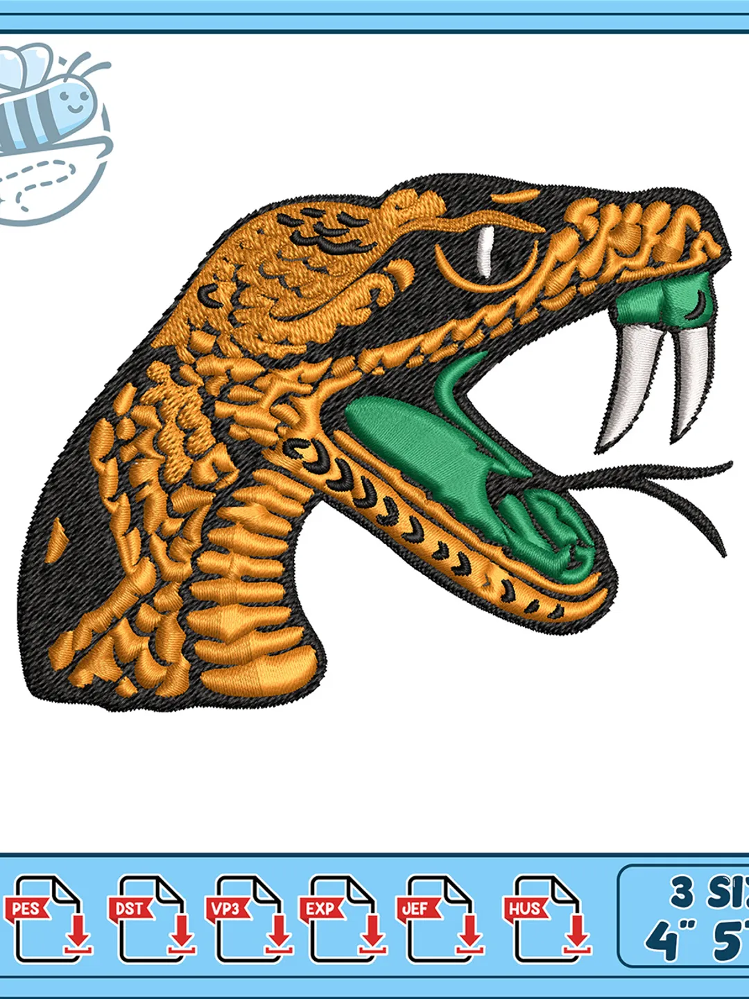 Pes Format Snake Striking Viper Snake Head Embroidery Design, Angry Serpent Machine ...