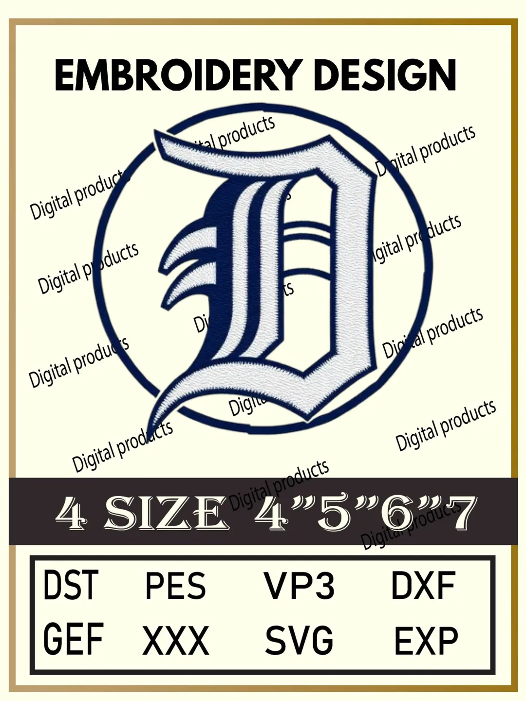 Stylized Gothic Letter D Embroidery Design Digital Pattern with Circular Border for Machine Embroidery Projects in Four Sizes with Multiple Compatible Formats Including DST, PES, VP3, DXF, GEF, XXX, SVG, EXP for Creative Stitching Download