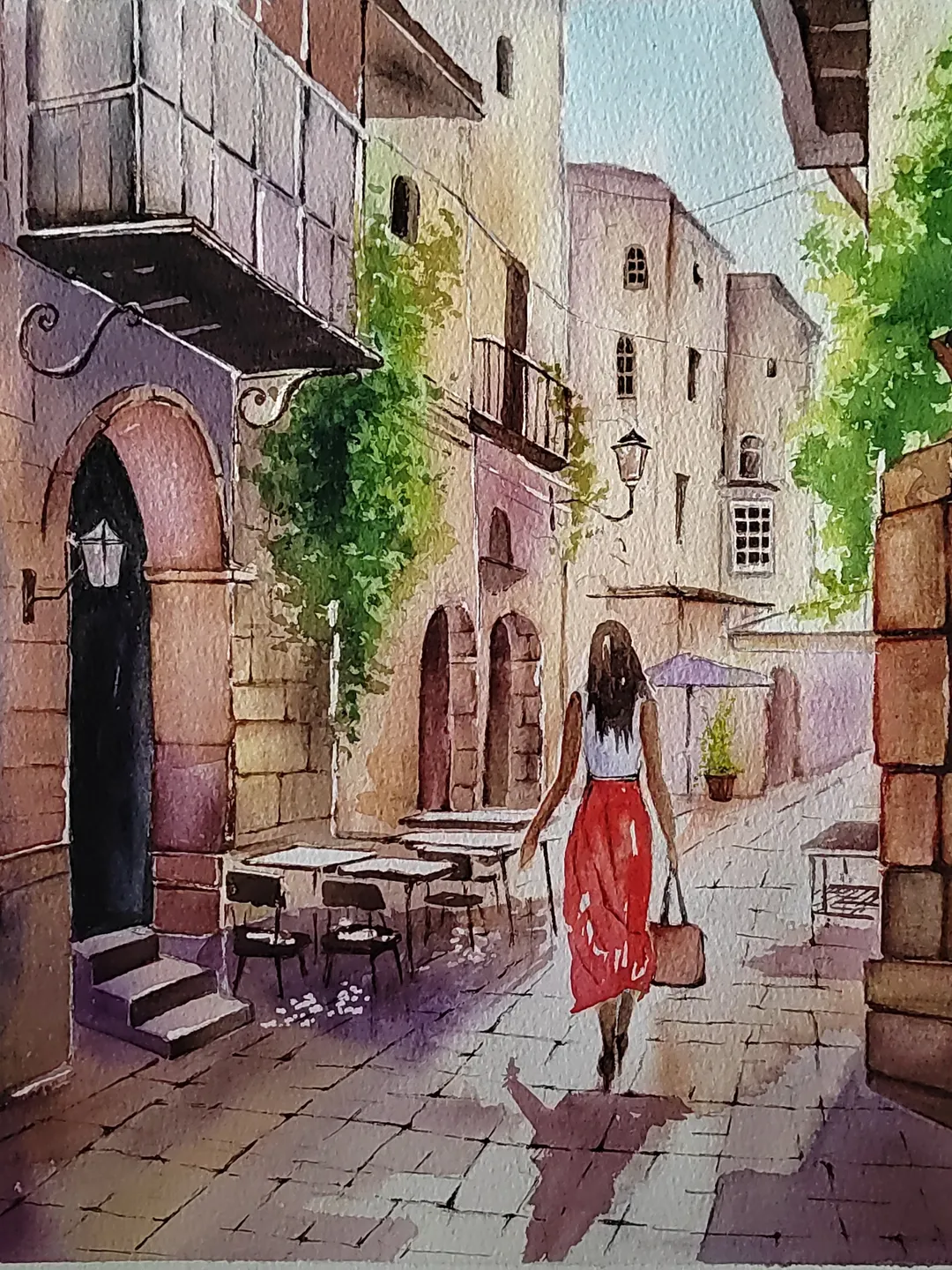 Original Watercolor Painting Cozy Urban Landscape Italy Street Artwork 27x33 cm by SoftWaves
