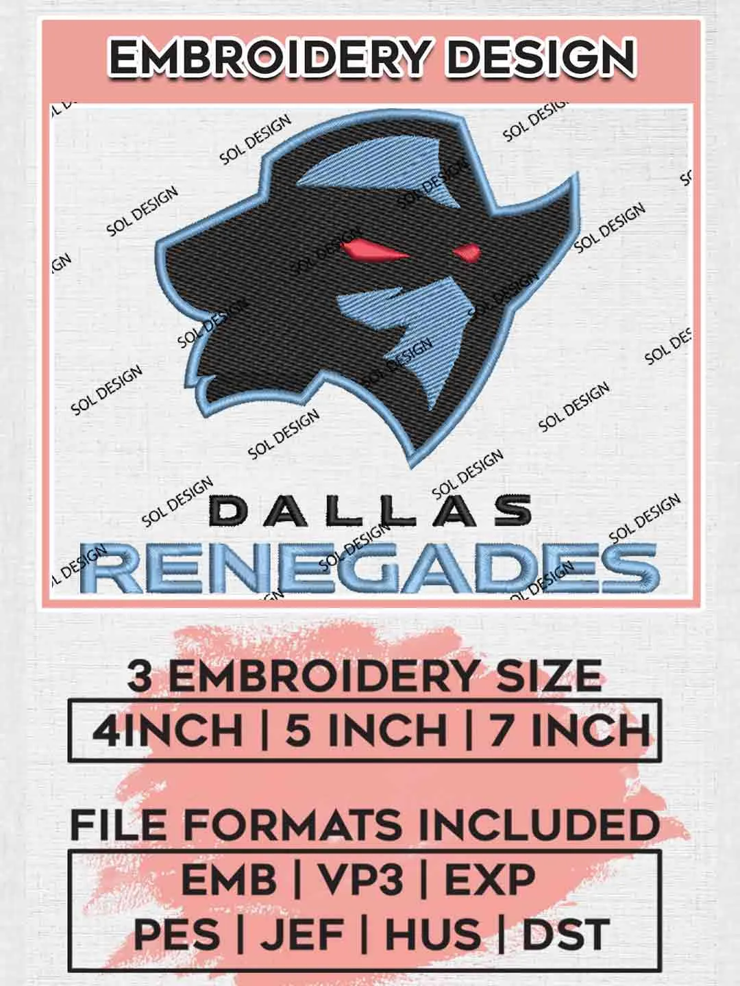 Dallas Renegades Logo Embroidery Design, UFL Embroidery files, Sport Machine embroidery designs, 3 sizes, Instant Download