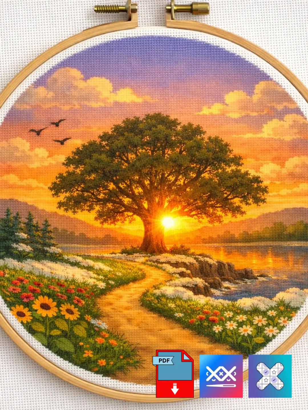Cross stitch pattern Sunset behind a tree instant download PDF