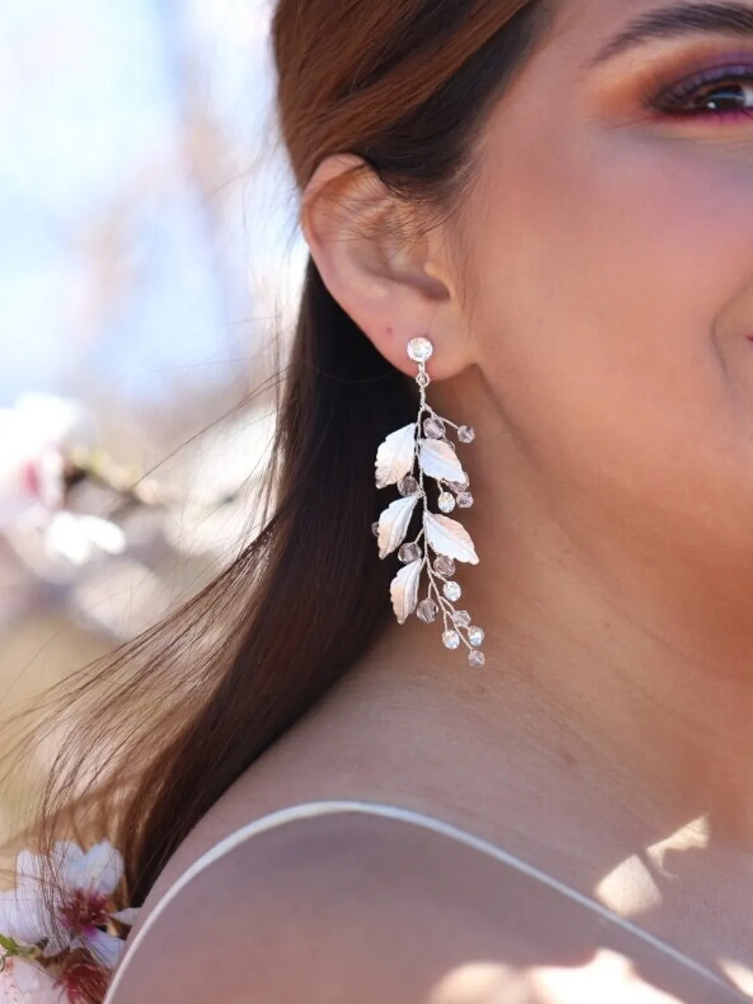 Long Boho Wedding Earrings, Leaf Statement Wedding Earrings, Swarovski Crystal Chandelier Silver Bridal Earrings, Statement Jewelry Set ,