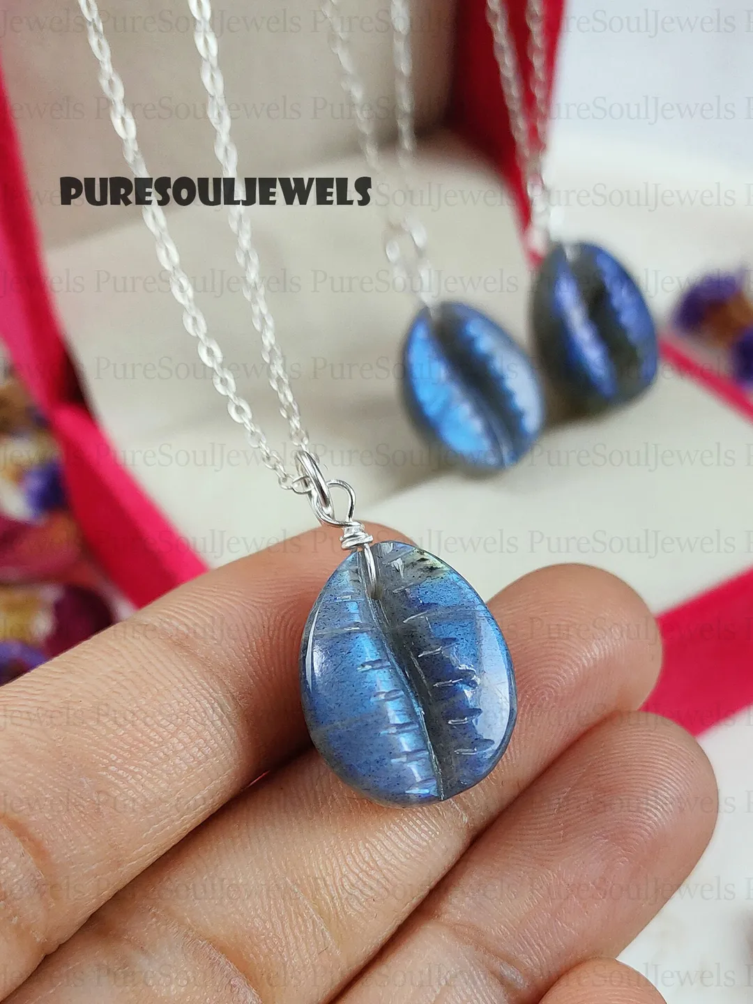 Carved Blue Labradorite Cowrie Shell Necklace, 925 Silver Crystal Pendant, Minimalistic Jewelry, Healing Gift Jewelry, fathers Day Gift