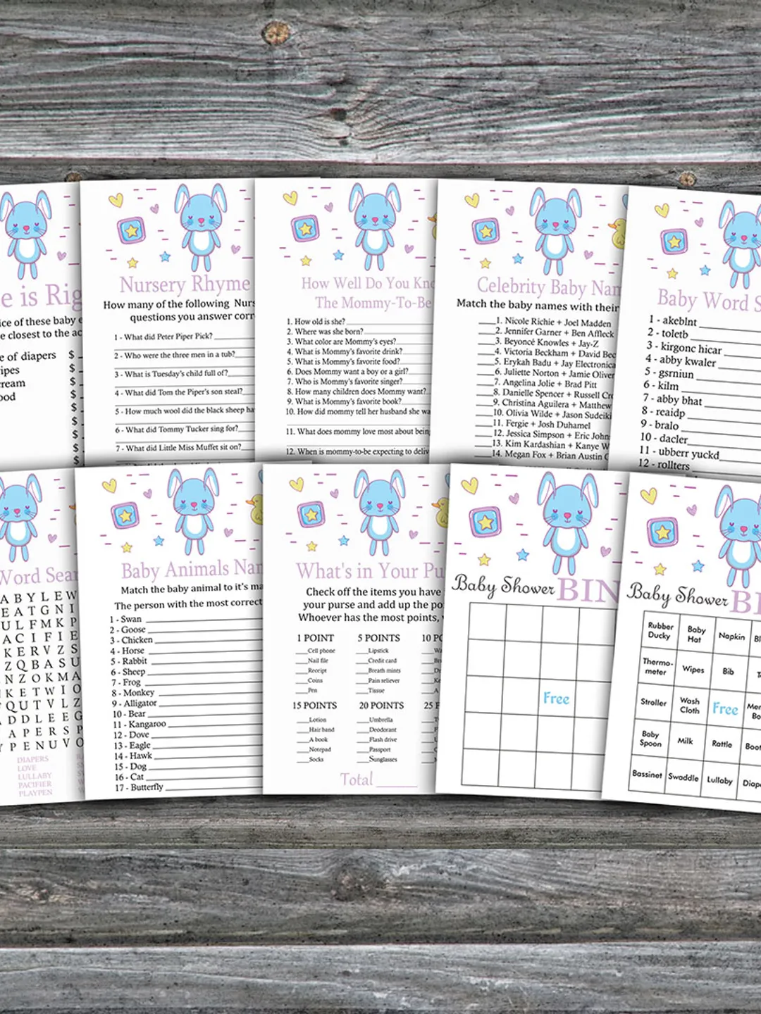 Blue rabbit baby shower games bundle,Bunny Baby Shower games package,Fun Baby Shower Games,9 Printable Games-314