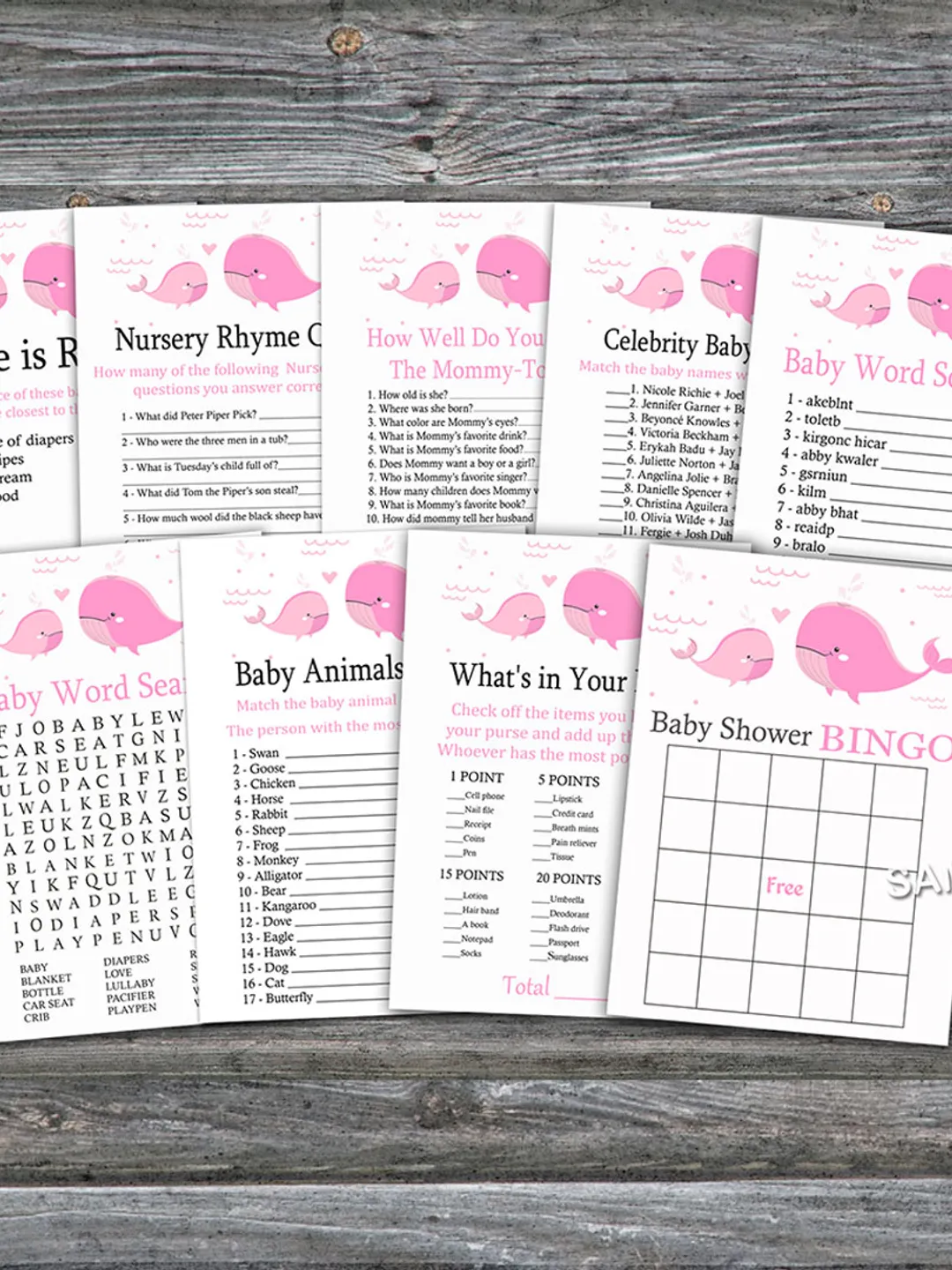 Pink Whale baby shower games bundle,Under the sea Baby Shower games package,Fun Baby Shower Games,9 Printable Games-204