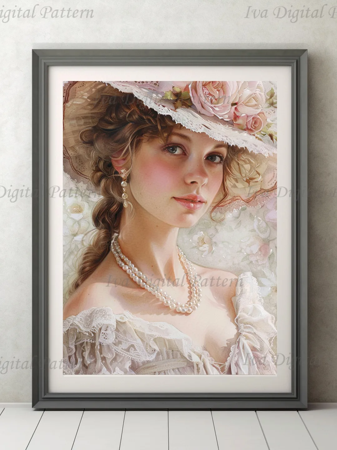 Digital illustration. Parisienne. French woman. Romantic girl with a hat. Digital painting. Wall decor in pastel colors. Instant download.