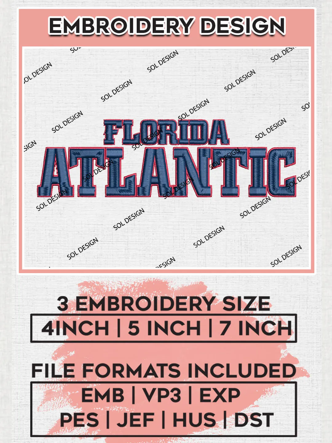 NCAA Florida Atlantic Team Writing Logo Embroidery Design Files, NCAA Florida Atlantic Owls Machine Embroidery, NCAA Teams, 3 sizes, NCAA Machine embroidery designs, Digital Download