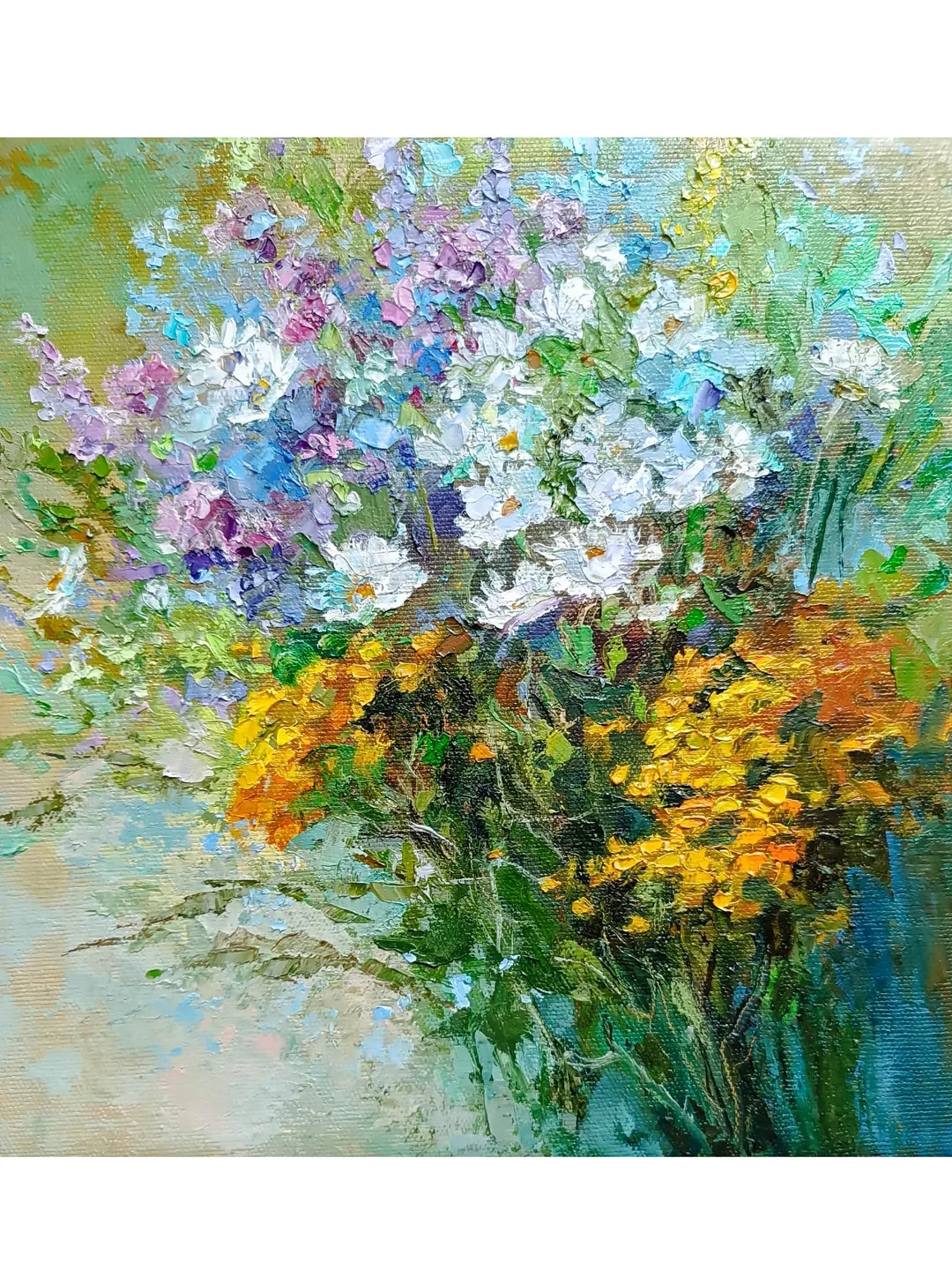 Oil Painting Bouquet Chamomile Flowers Original Artwork Canvas Wall Art Impasto Wild Flowers Painting 12 by 12 inches by Elena