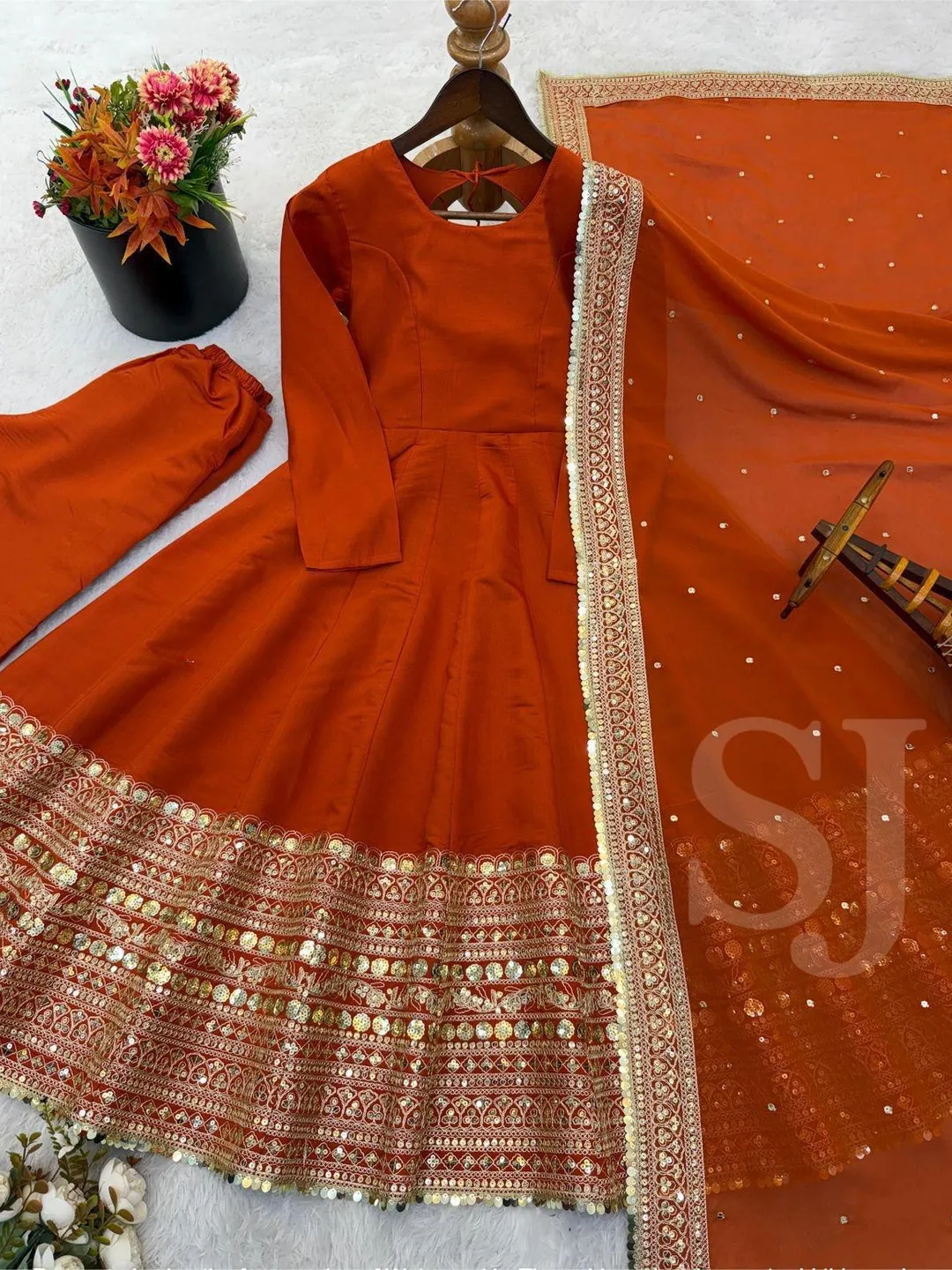 Women's Orange Anarkali Gown, Indian Designer Anarkali Kurta Palazzo Dupatta, Embroidered Sequence Work Salwar Suit, Wedding Festival Gown
